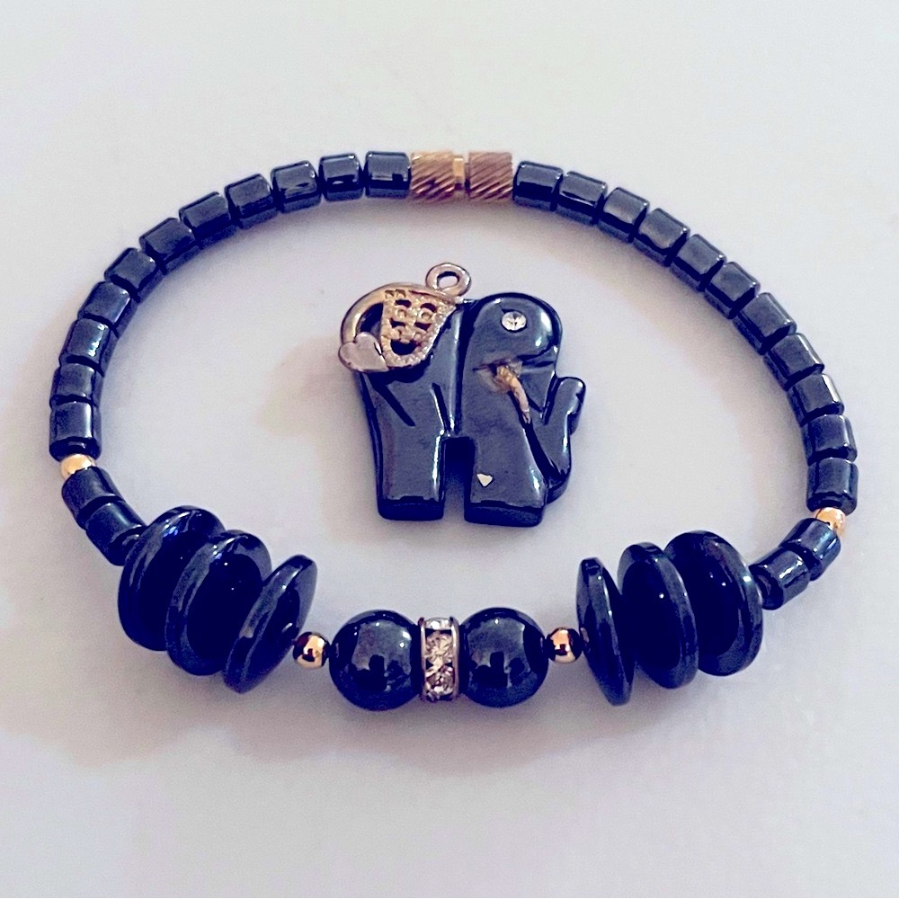 Vintage Hematite and Gold Bracelet and Elephant Pendant Set